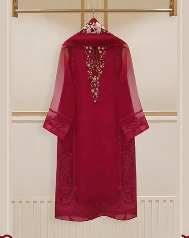 4 Piece Stitched Organza Embroidered Dress, GR-16 in Shocking Red